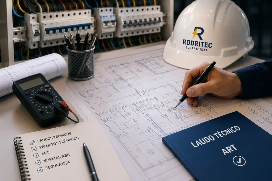 Mesa com projeto elétrico, laudo técnico, ART e capacete Rodritec